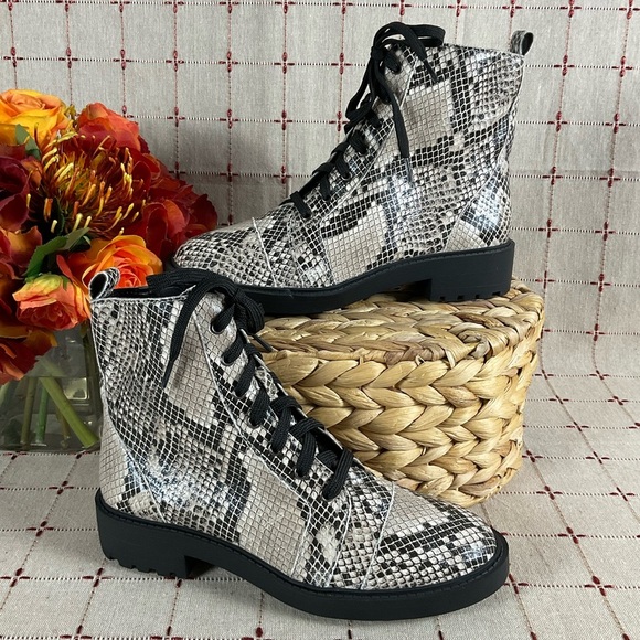 Linea Paolo “Trinity” Snakeskin Embossed Leather Combat Boots Lace Up & Zip Sz 5